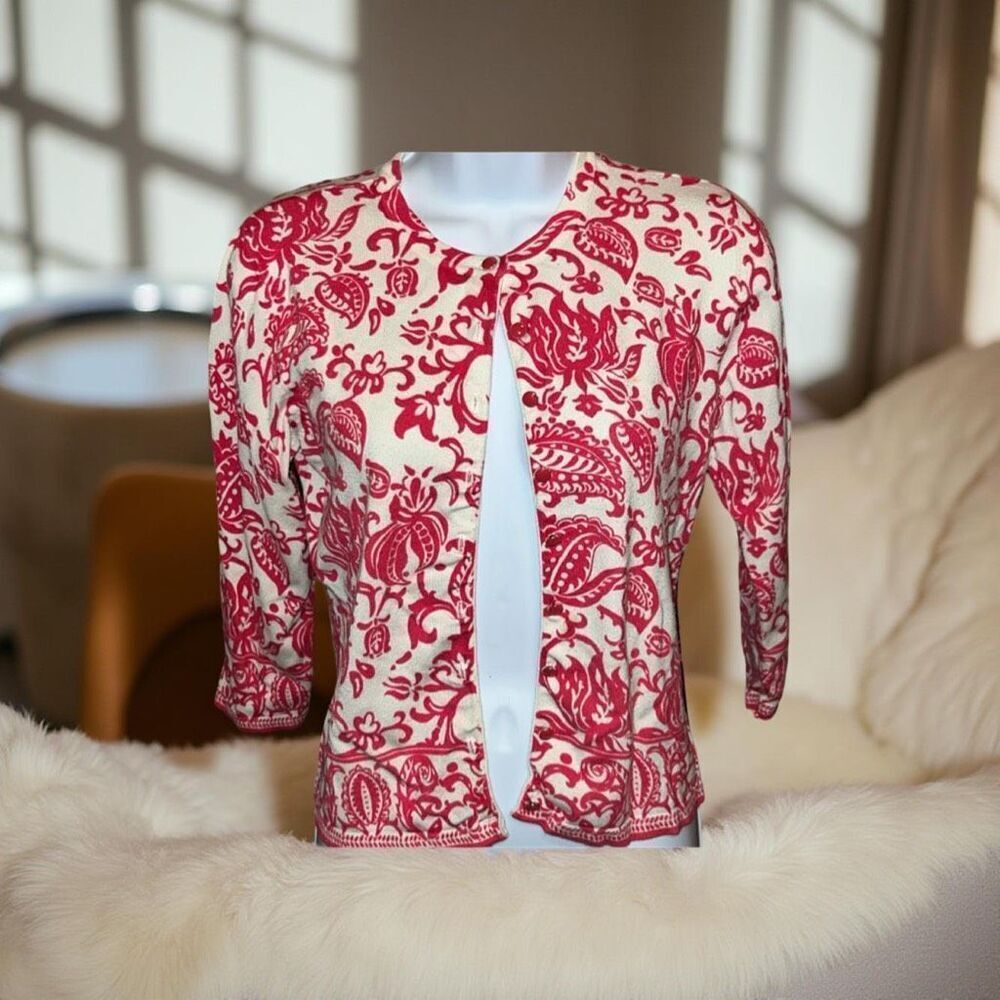 Charter Club Button Down Top Women Red Floral Long Sleeve Size M 8/10 A2